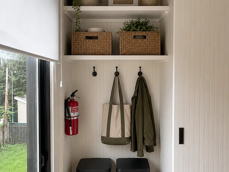 Sunroom storage -AI-staged image shown separately for inspiration; furniture not included