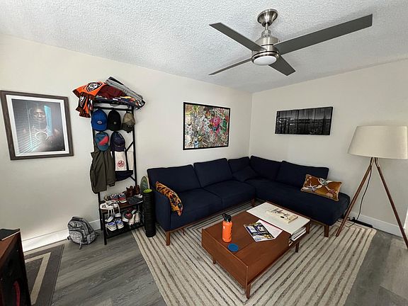 Spacious living room with ceiling fan