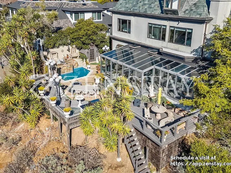 Back yard with fountains and small unheated pool