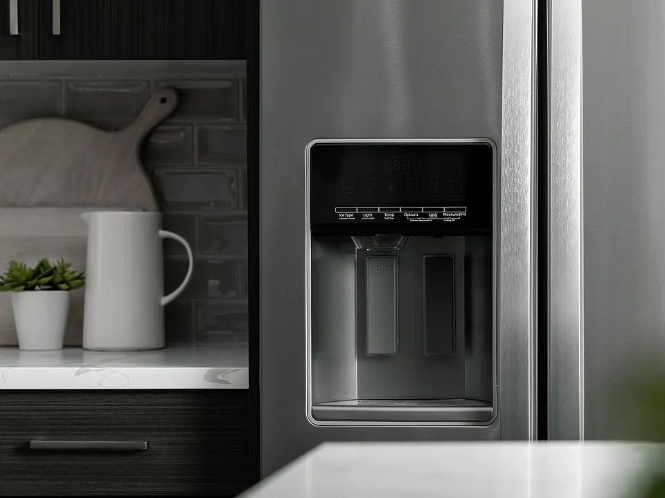 Sleek modern kitchen showcasing Whirlpool stainless steel refrigerator, elegant quartz countertop, and stylish backsplash with minimalist decor.
