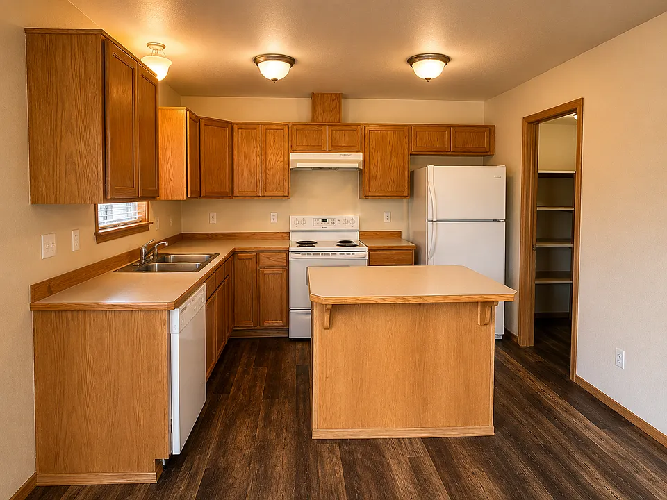 Kitchen with island and pantry.