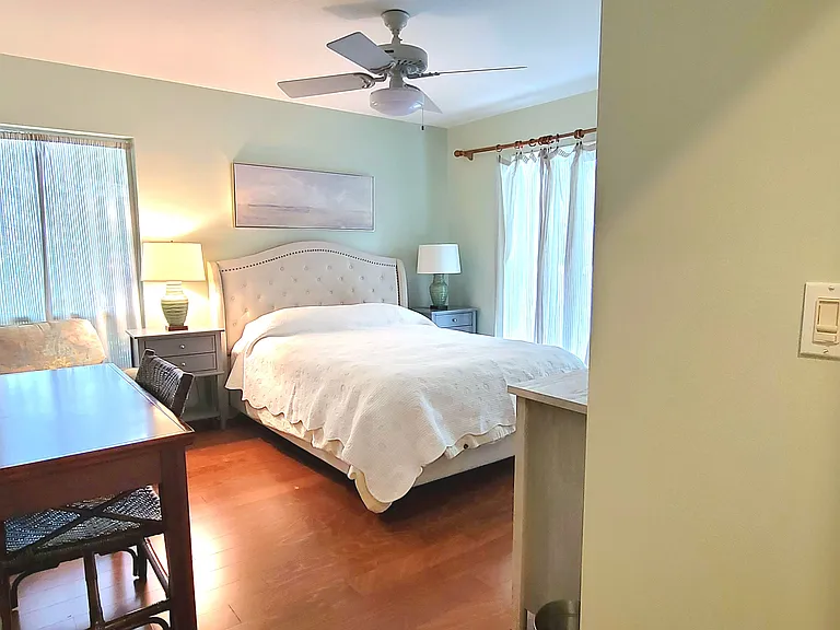 Bedside lamps with drawer storage, comfortable armchair