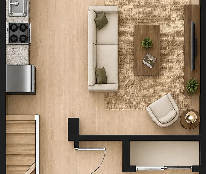 Main floor floorplan (the front bedroom may be removed and the wall opened up for a larger kitchen / living room area)