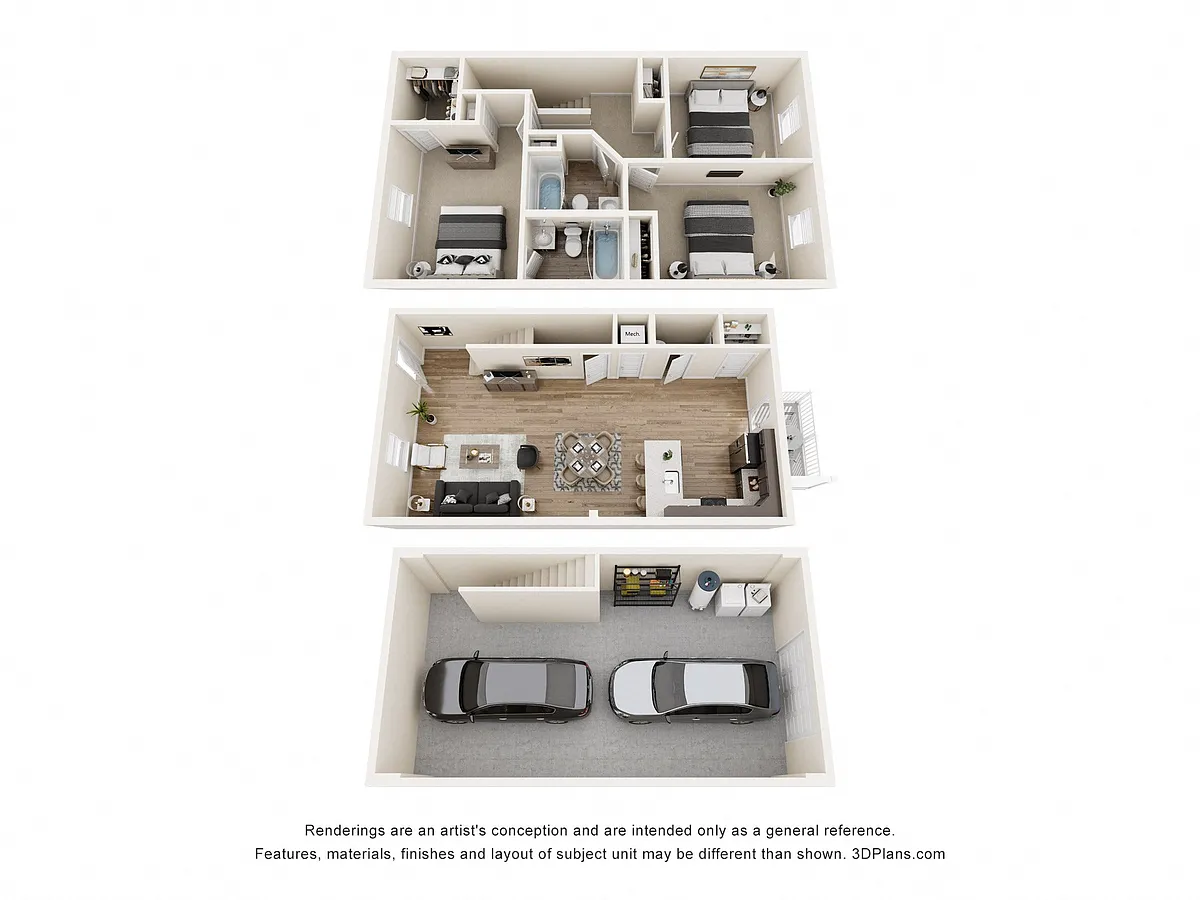 Floor plan 3 Bedroom, 2.5BA Townhome with Drive Under Garage
