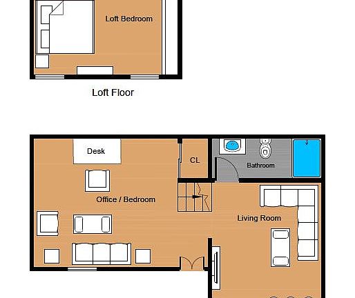 The floor plan showing you the ideal layout for a live/work loft. The Loft Bedroom is directly above the Office.