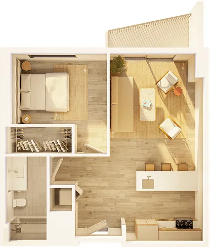 Floor plan West 1 BR Balcony Promenade A
