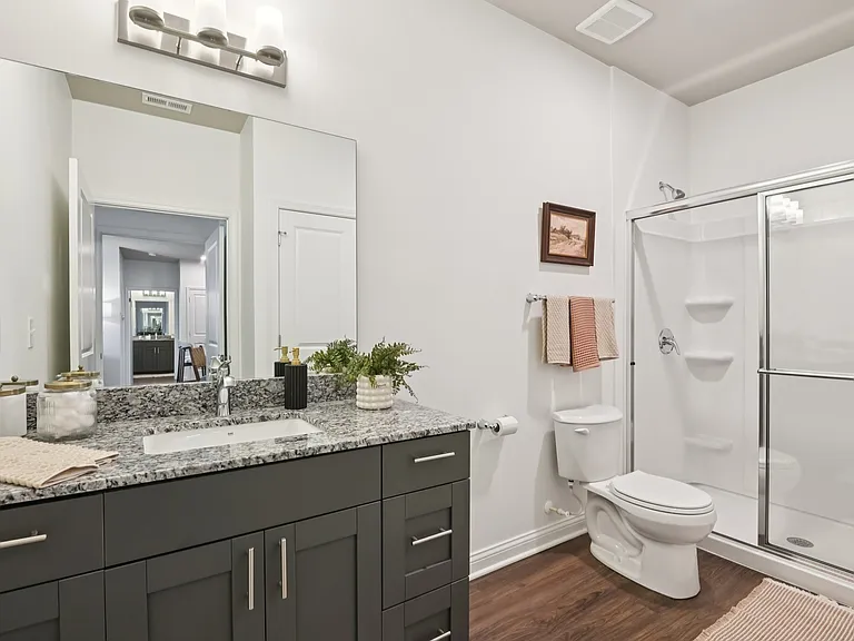 This bathroom features an elegant granite countertop and polished fixtures, complemented by a spacious glass-enclosed shower.