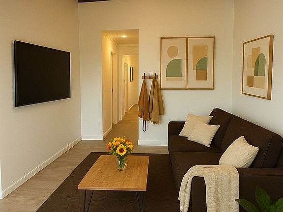 Our upper level apartments have vaulted exposed wooden beam ceilings; creating a more open feel. Select units have light wood luxury vinyl plank flooring in the living room.