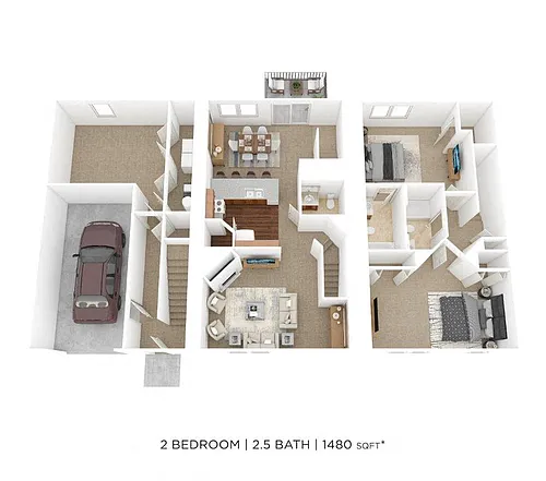 Floor plan Two Bedroom 2.5 Bath Townhome- 1480 sqft