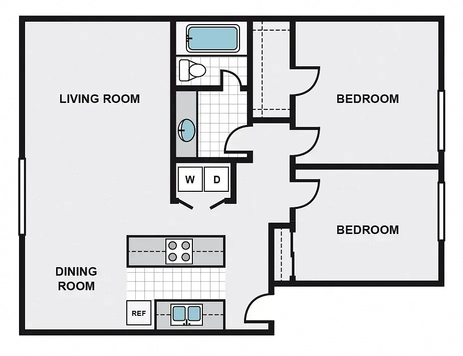 Floor plan Two Bedroom One Bathroom AA
