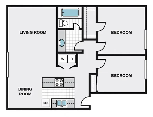 Floor plan Two Bedroom One Bathroom AA