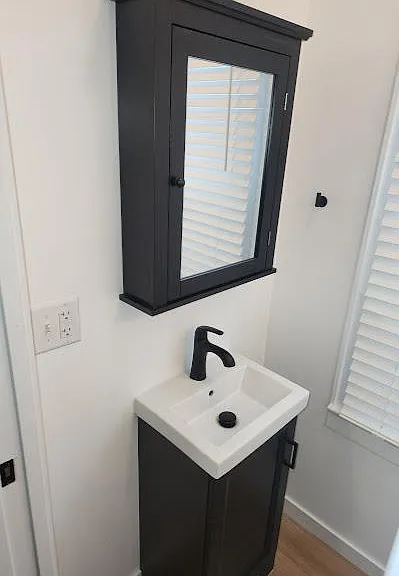New downstairs half-bath, pocket door, two lights, one window, new luxury vinyl floor