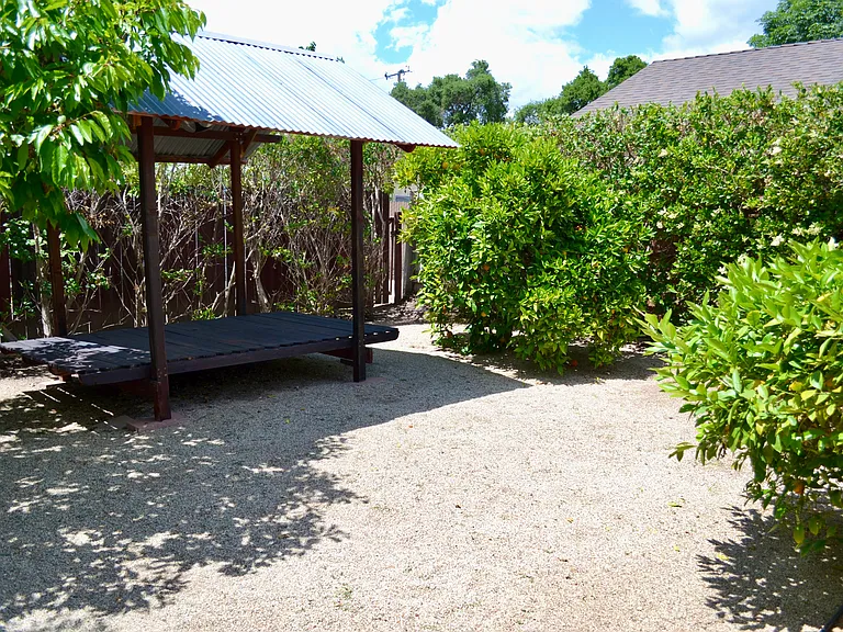Graveled & hedged back garden has Meyers lemon, orange, apricot and plum trees.