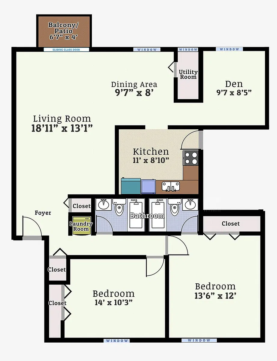 Floor plan Two Bedroom Two Bath Den Garden