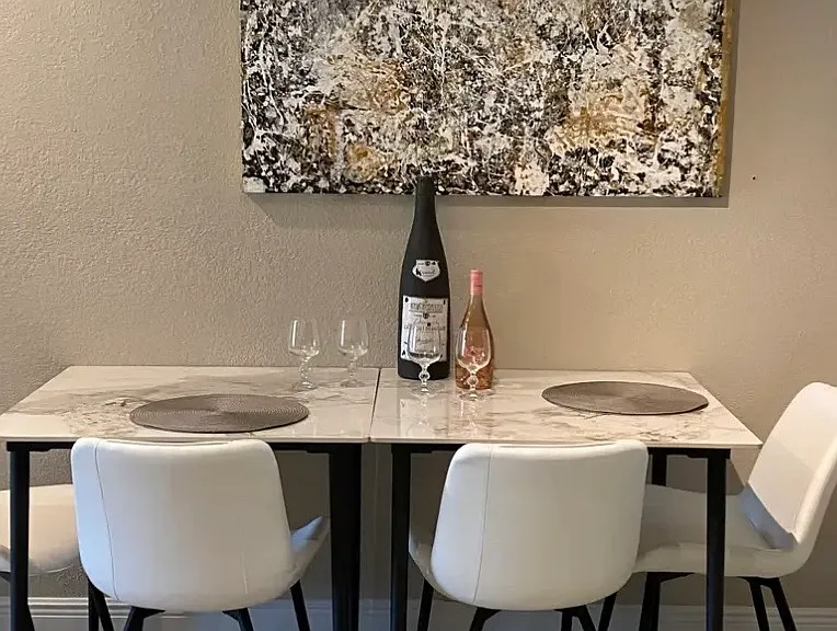 Marble Dining room table with 4 white leather dining chairs