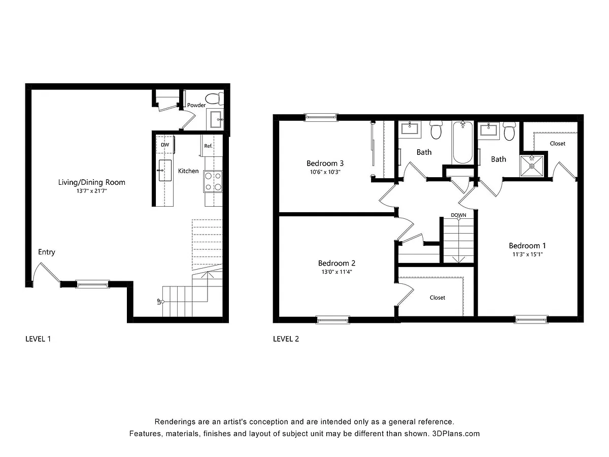 Floor plan 3 Bed, 2.5 Bath TH B - 1133 Justin