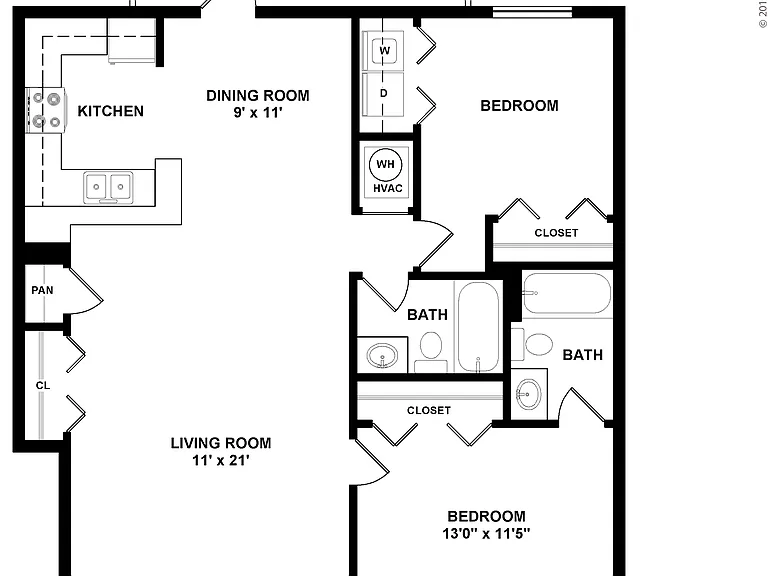 2 Bedroom, 2 Bath: Beds - 2: Baths - 2: SqFt Range - 1100 to 1100