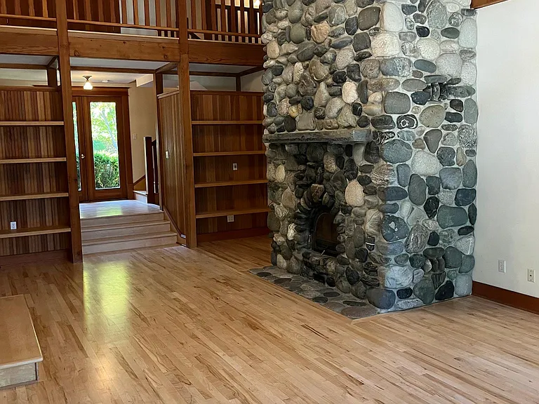 River stone fireplace.