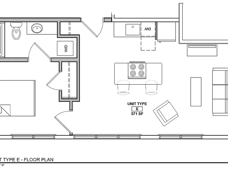 The floorplan of apartment 425. The Linden's top floor corner one-bedroom apartment.
