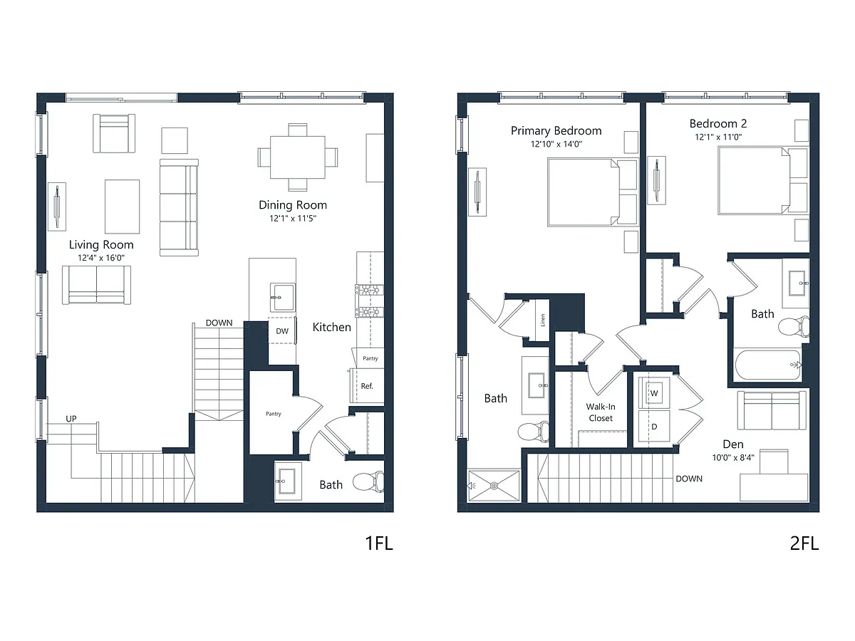 Floor plan C2M1-TH | 2 Bed | 2.5 Bath | Den