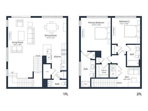 Floor plan C2M1-TH | 2 Bed | 2.5 Bath | Den
