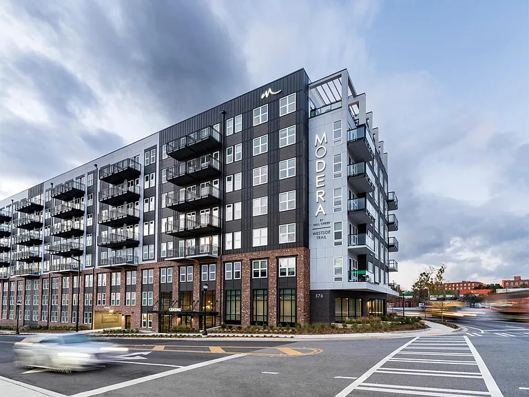 Street-level views of Modera Westside Trail showcase clean lines, private balconies, and a design that connects seamlessly to the surrounding Atlanta neighborhood.