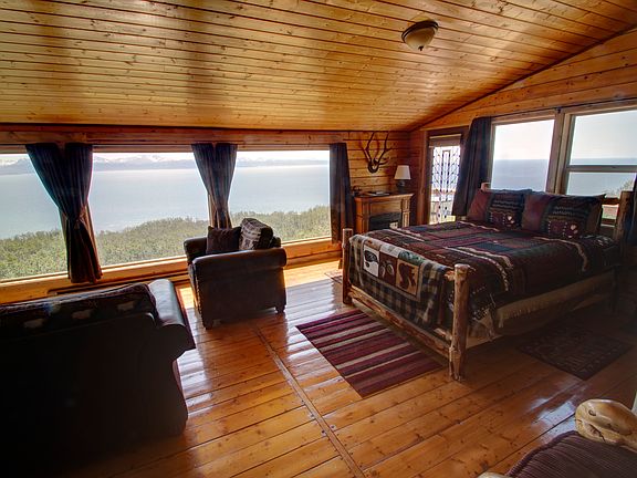 Master Bedroom with Panorama Views Log Queen Bed Sitting Area