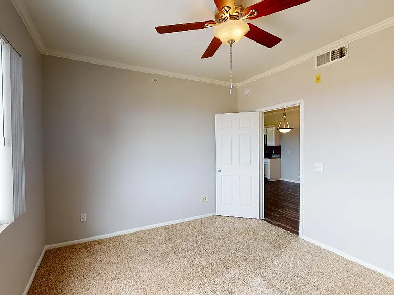 Spacious apartment bedroom with plush carpet flooring.