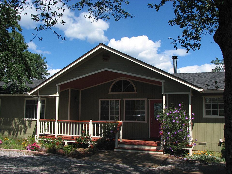 Front entrance, many flowers