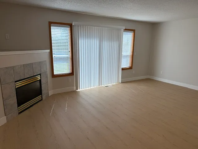 Living room with gas fireplace and new LPV flooring