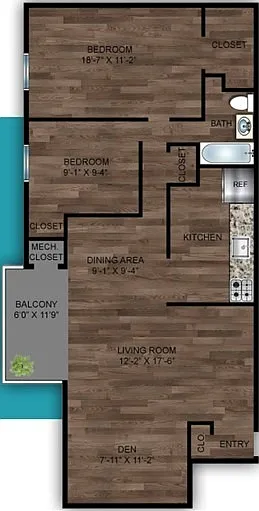 B4 2 BR 1 BA + Den (971 SQFT)