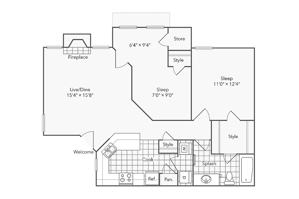 Floor plan 2 BR x 1BA with Washer/Dryer