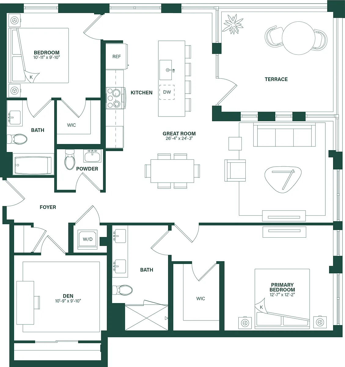 Floor plan 2 Bed/2.5 Bath Den-2O