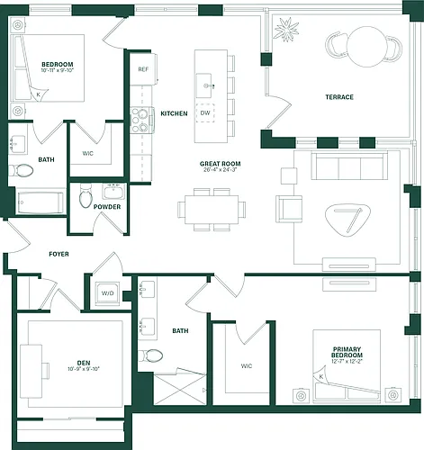 Floor plan 2 Bed/2.5 Bath Den-2O