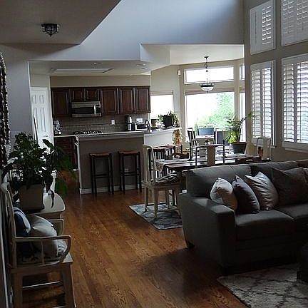 Open living, dining, kitchen