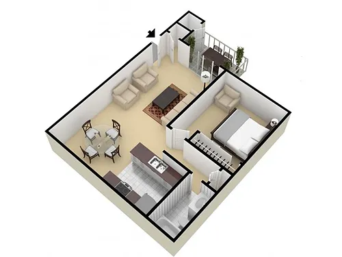 Floor plan 1 Bedroom Apartment with Washer and Dryer
