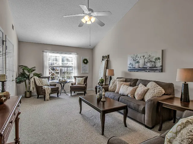 Living Room Graced by Vaulted Ceilings