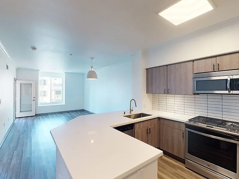 Apartment kitchen with stainless steel appliances, dining and living room with wood-style flooring.