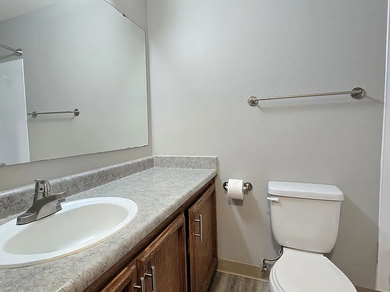 Clean and functional master bathroom featuring a spacious vanity with ample counter space, warm wood cabinetry, and a full tub with shower. Neutral finishes create a bright, comfortable space for everyday use.