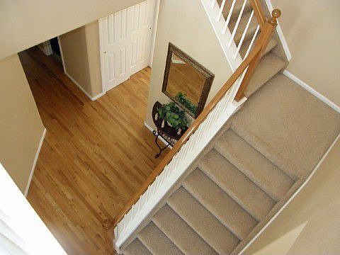 Two story foyer features extended hardwoods & new lighting!