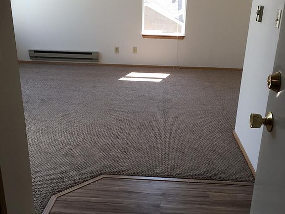 Wood floor entry, carpeted living room