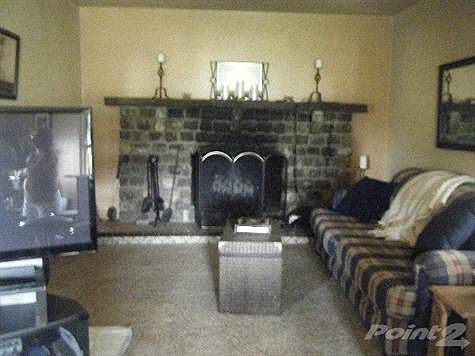 Large great room with wood burning fireplace!
