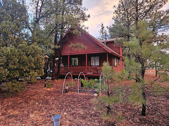 Adorable chalet style cabin with covered deck in the pines & small raised bed.