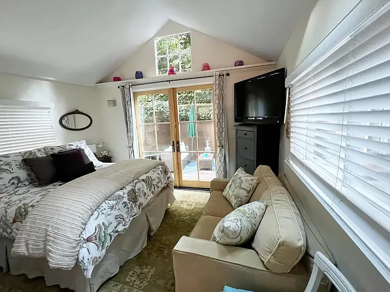 Bedroom with high ceiling, skylight, windows w/ wood blinds, Marvin French doors.