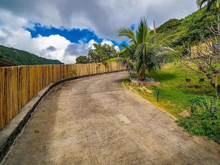 secluded cul de sac; bamboo fence along driveway leading to carport; driveway sloped and curved