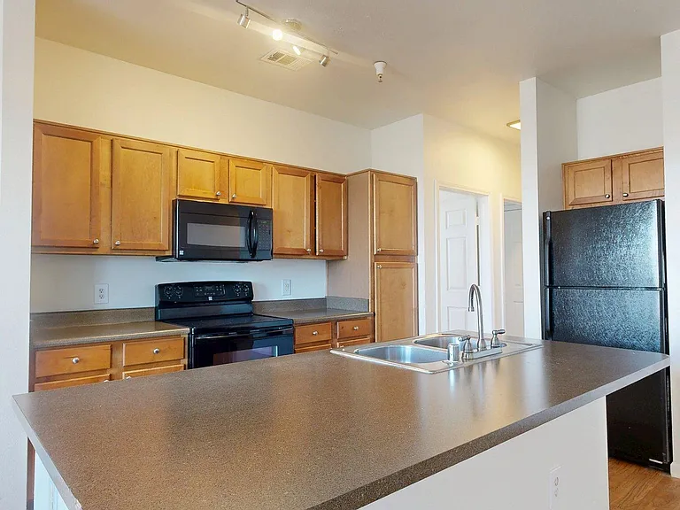 Apartment kitchen with wood-style flooring.