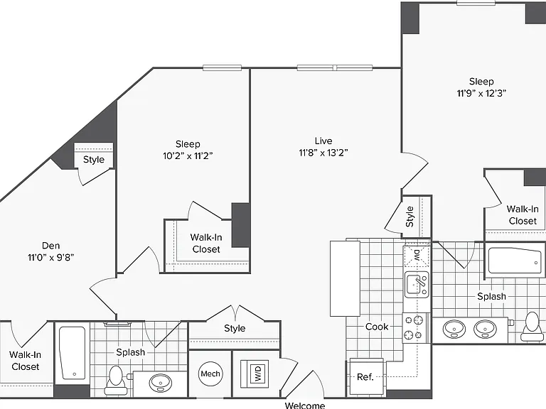 2 BR x 2 BA - Den Floorplan 2 BR x 2 BA - Den Floorplan