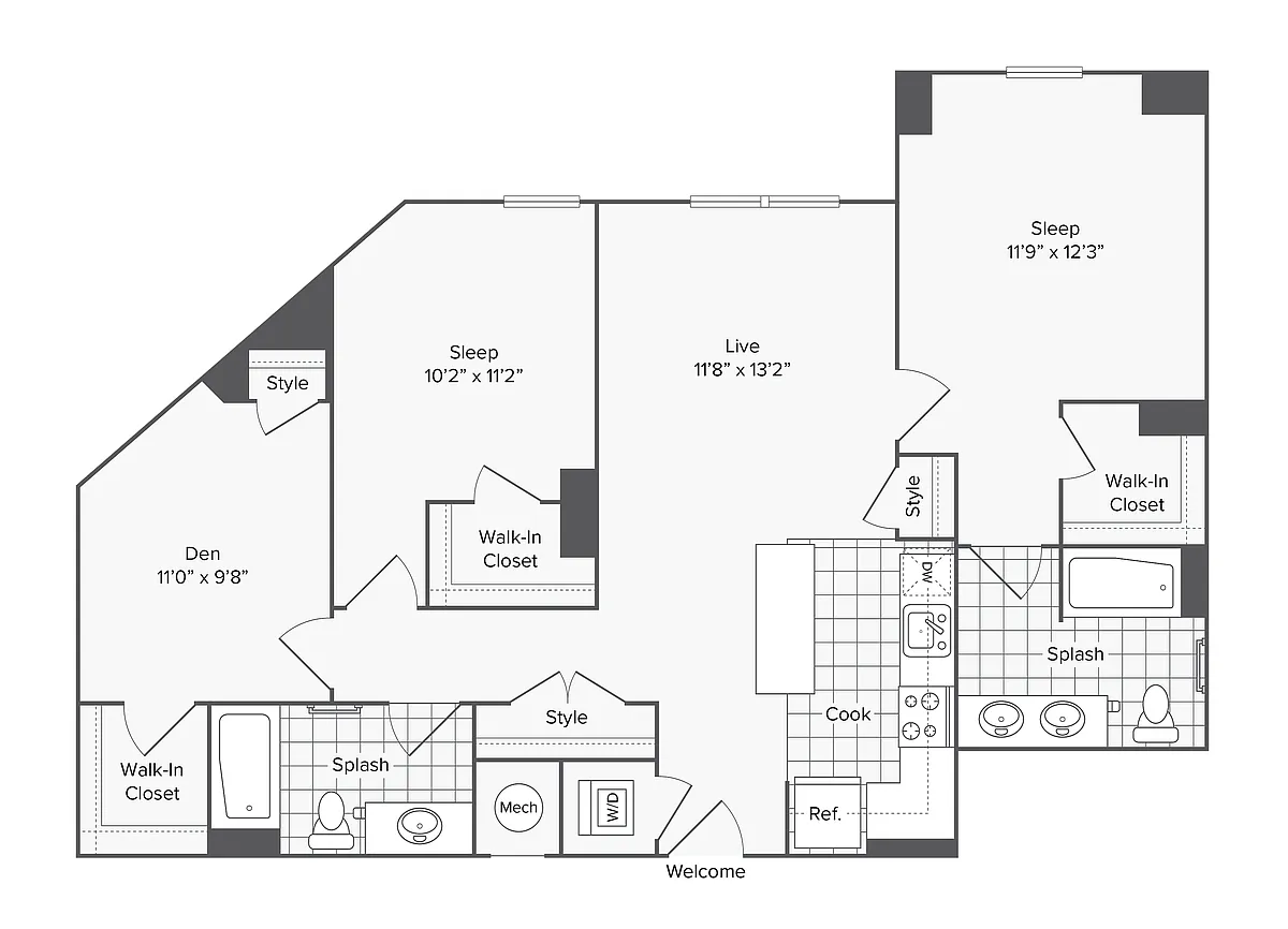 Floor plan 2 BR X 2 BA - DEN
