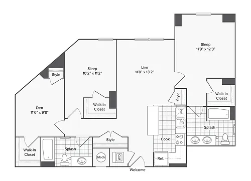 Floor plan 2 BR X 2 BA with Den