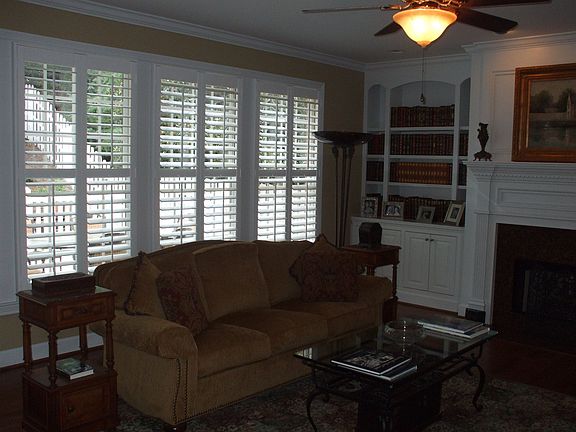 family room with plantation shutters